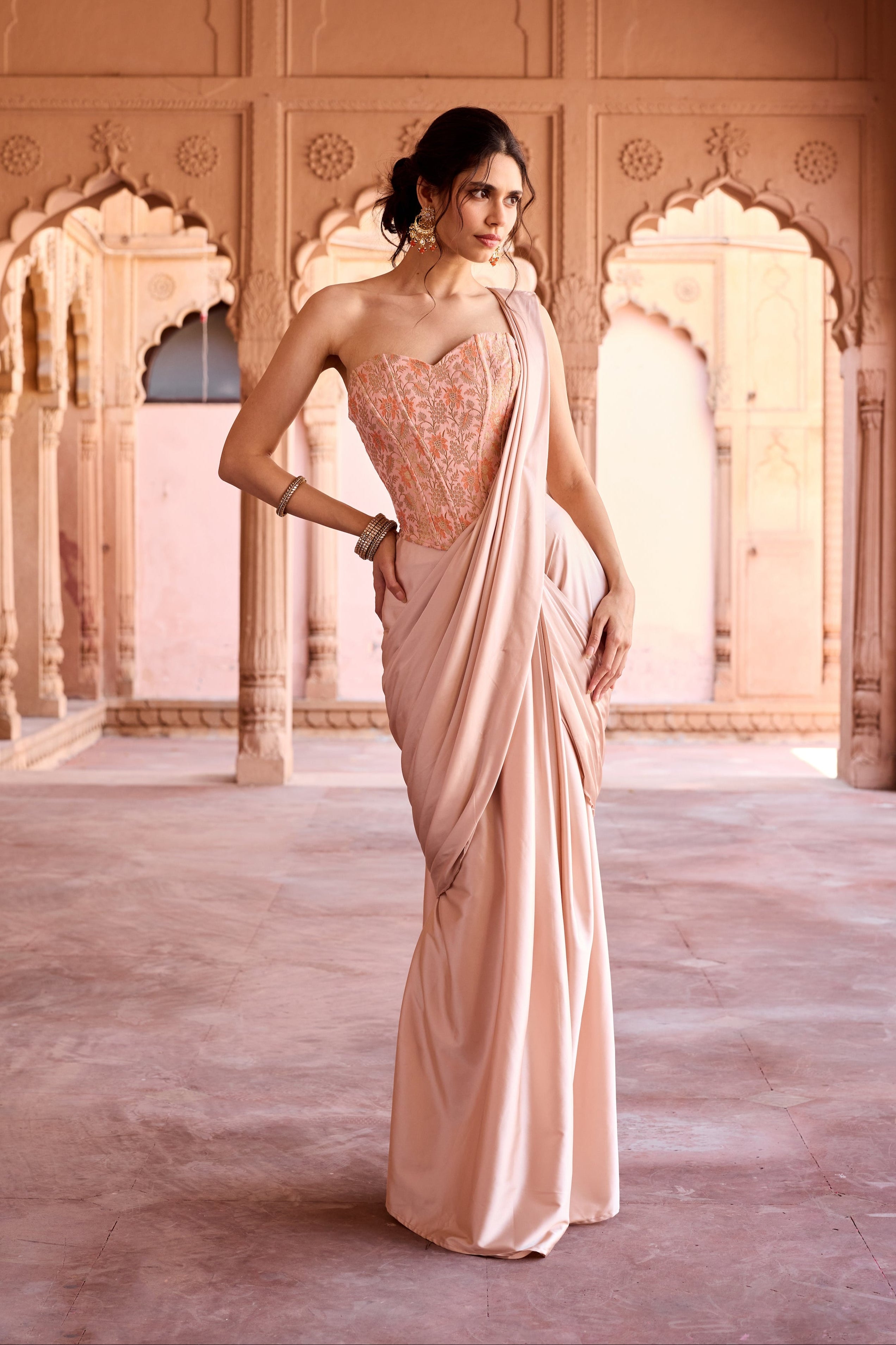 Siham champagne Floral Corset Pre-Stitched Saree