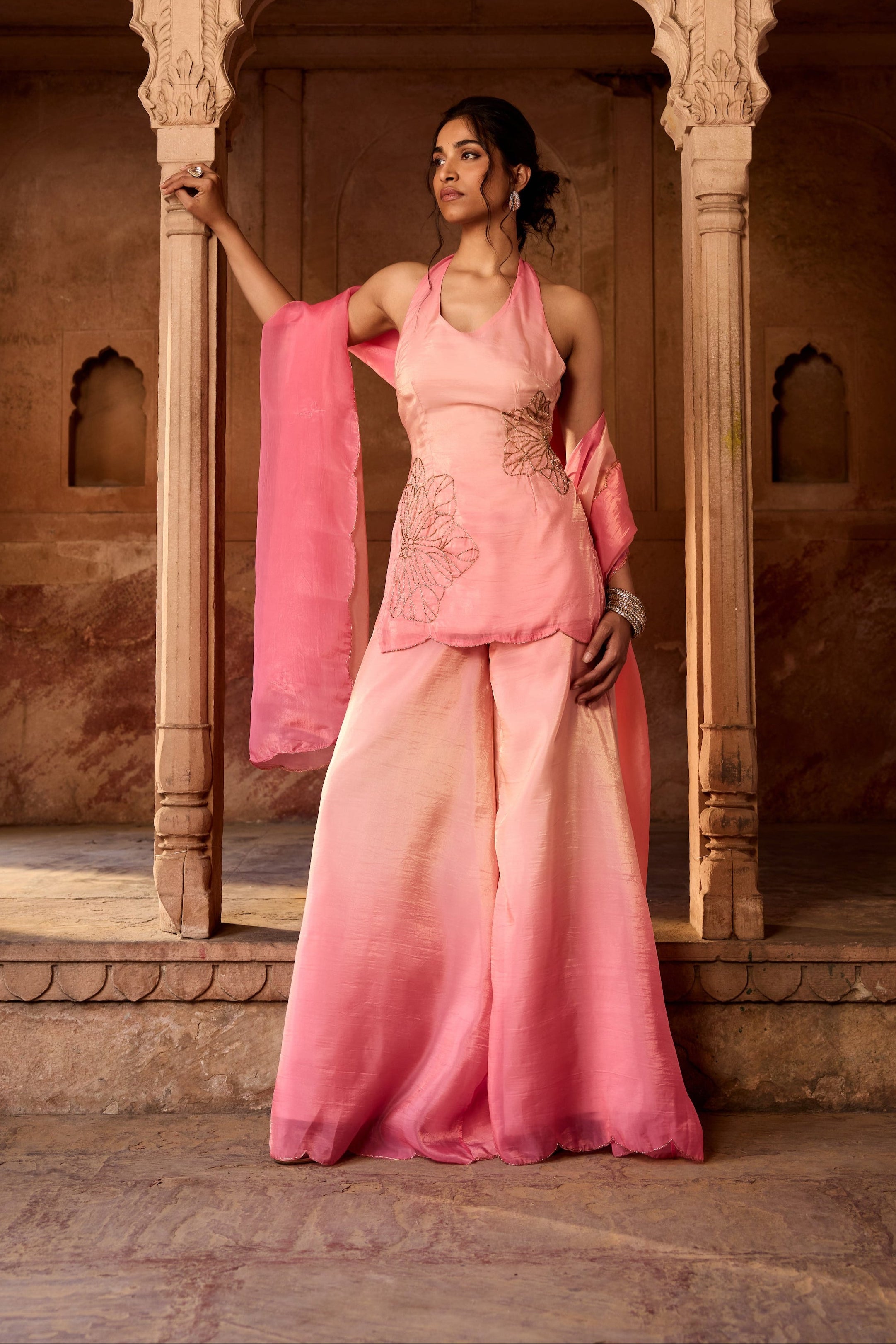 Saabat Pink Ombre Floral Embroidered Sharara Set