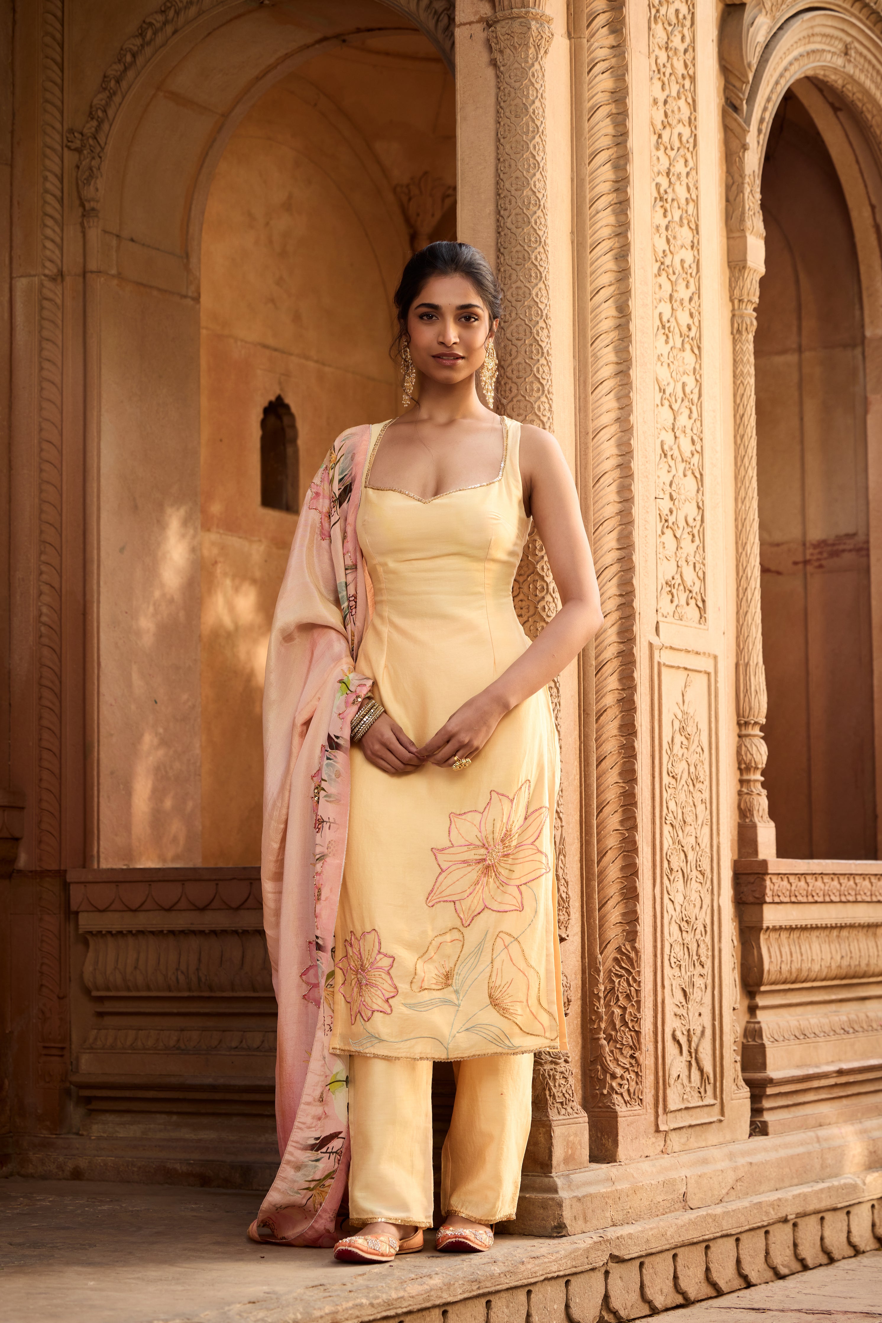 Shahida Yellow+Blush Chanderi Kurta Set