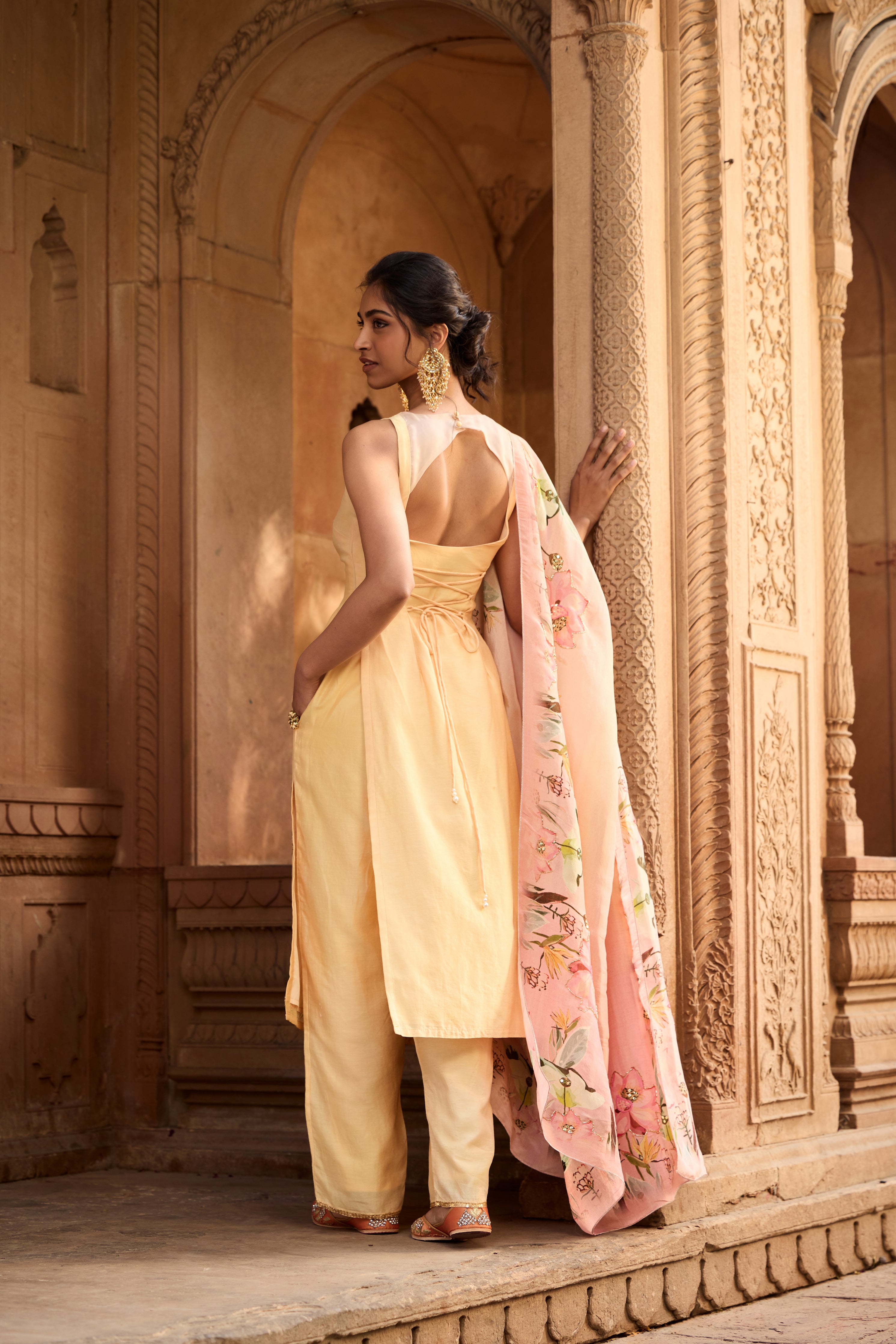 Shahida Yellow+Blush Chanderi Kurta Set