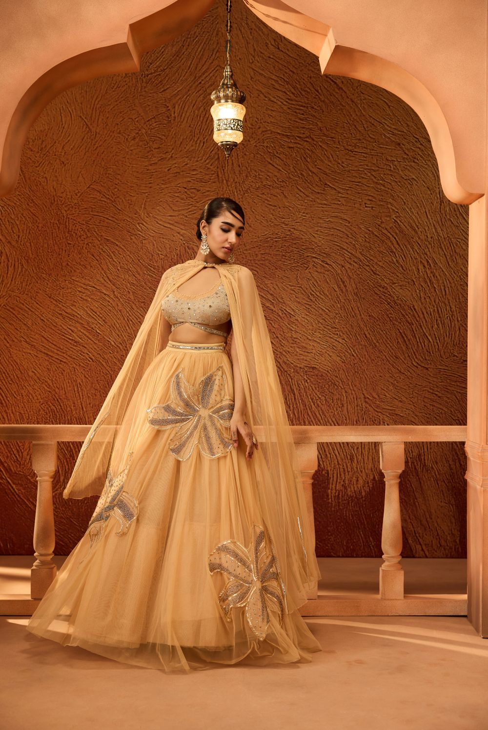 Aavani Gold Floral Embroidered Lehenga with Twisted Dupatta