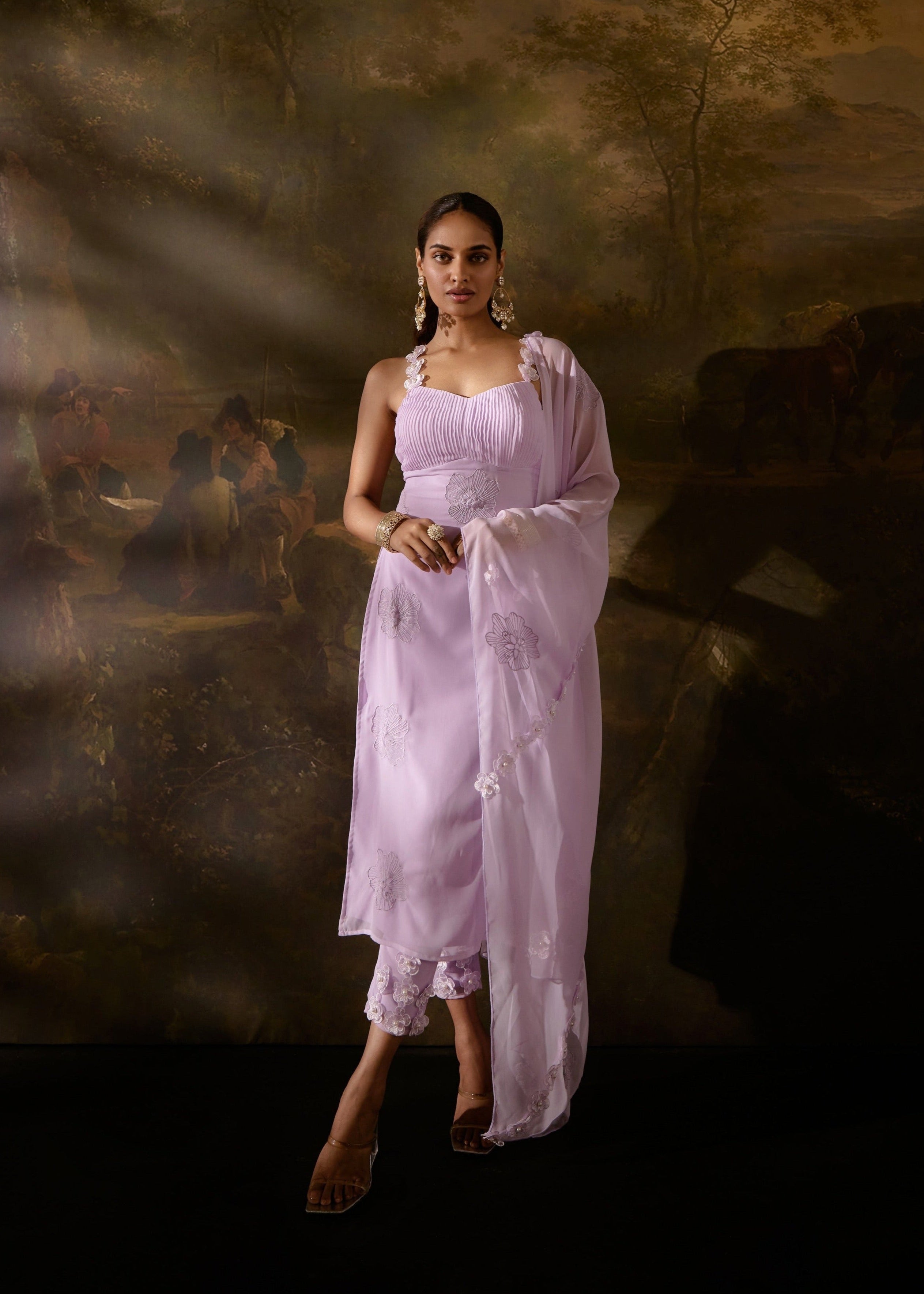 "Sadida Lavender Floral Embroidered Kurta Set: Charming lavender kurta set with intricate floral embroidery for a graceful and stylish appearance."