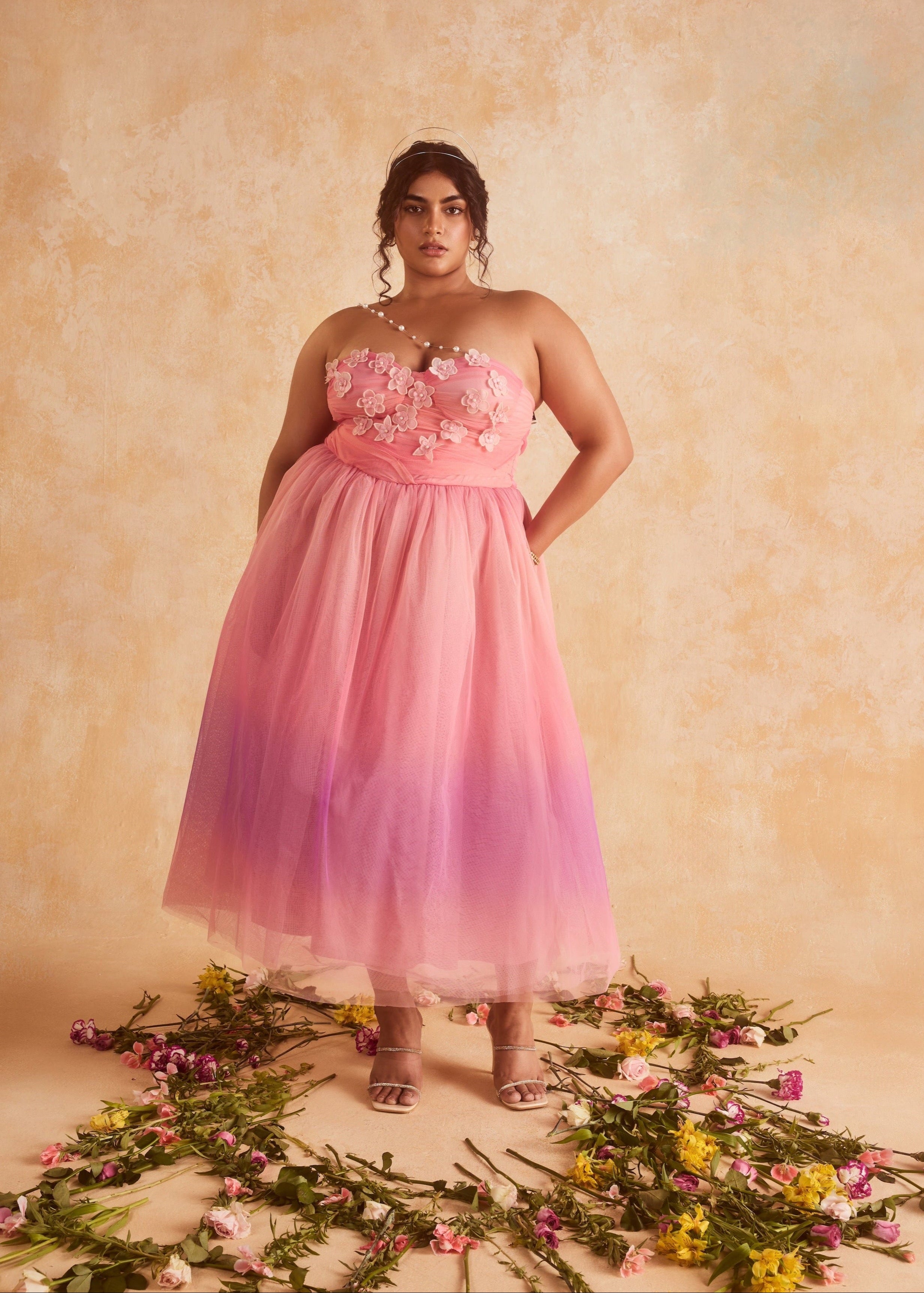 Samantha 3D Flower Embroidered Pink Ombre Dress with intricate floral details and a gradient color design.