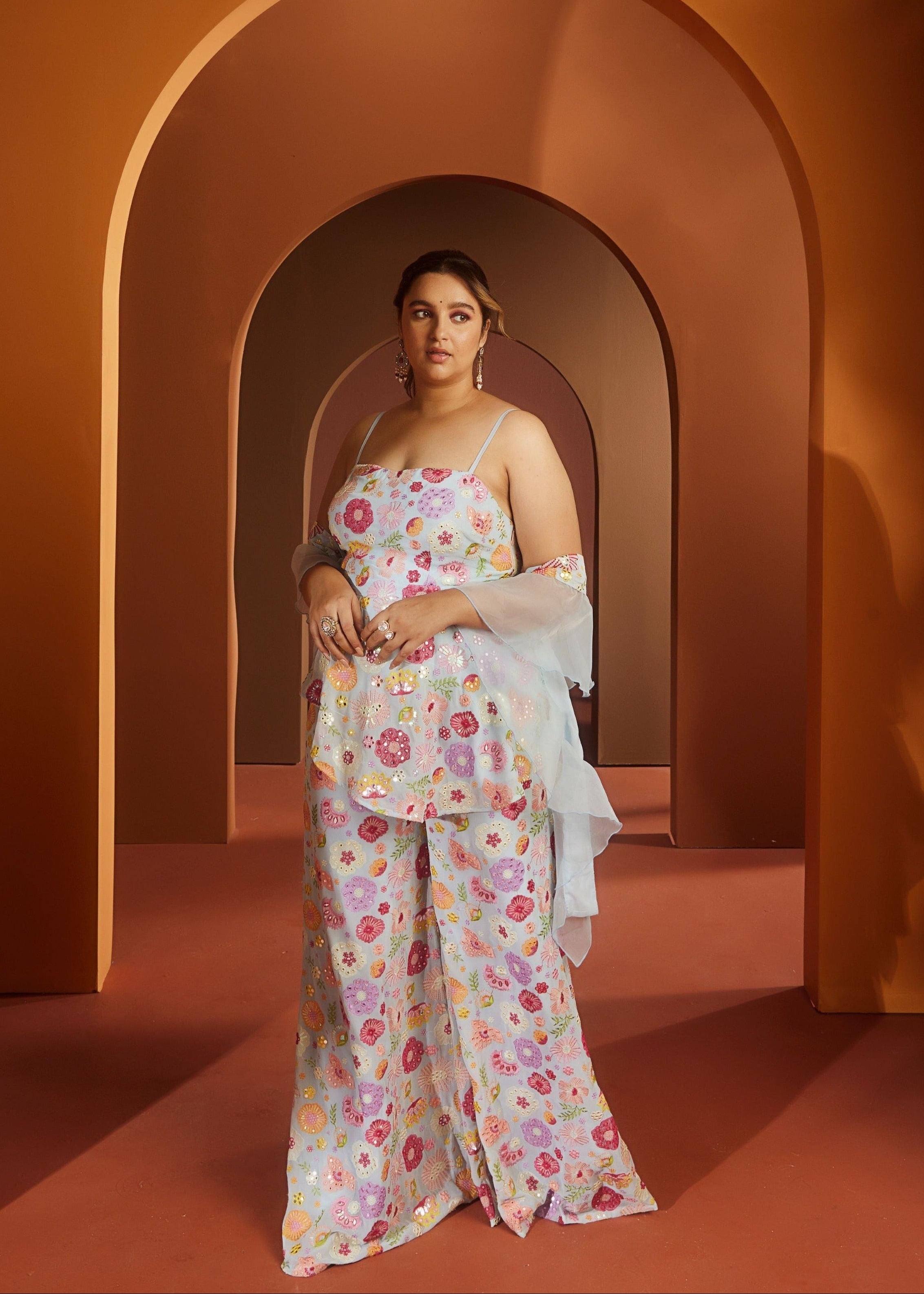 Shyla Baby Blue Embroidered Sharara Set with intricate embroidery on a soft blue fabric for a chic and graceful look