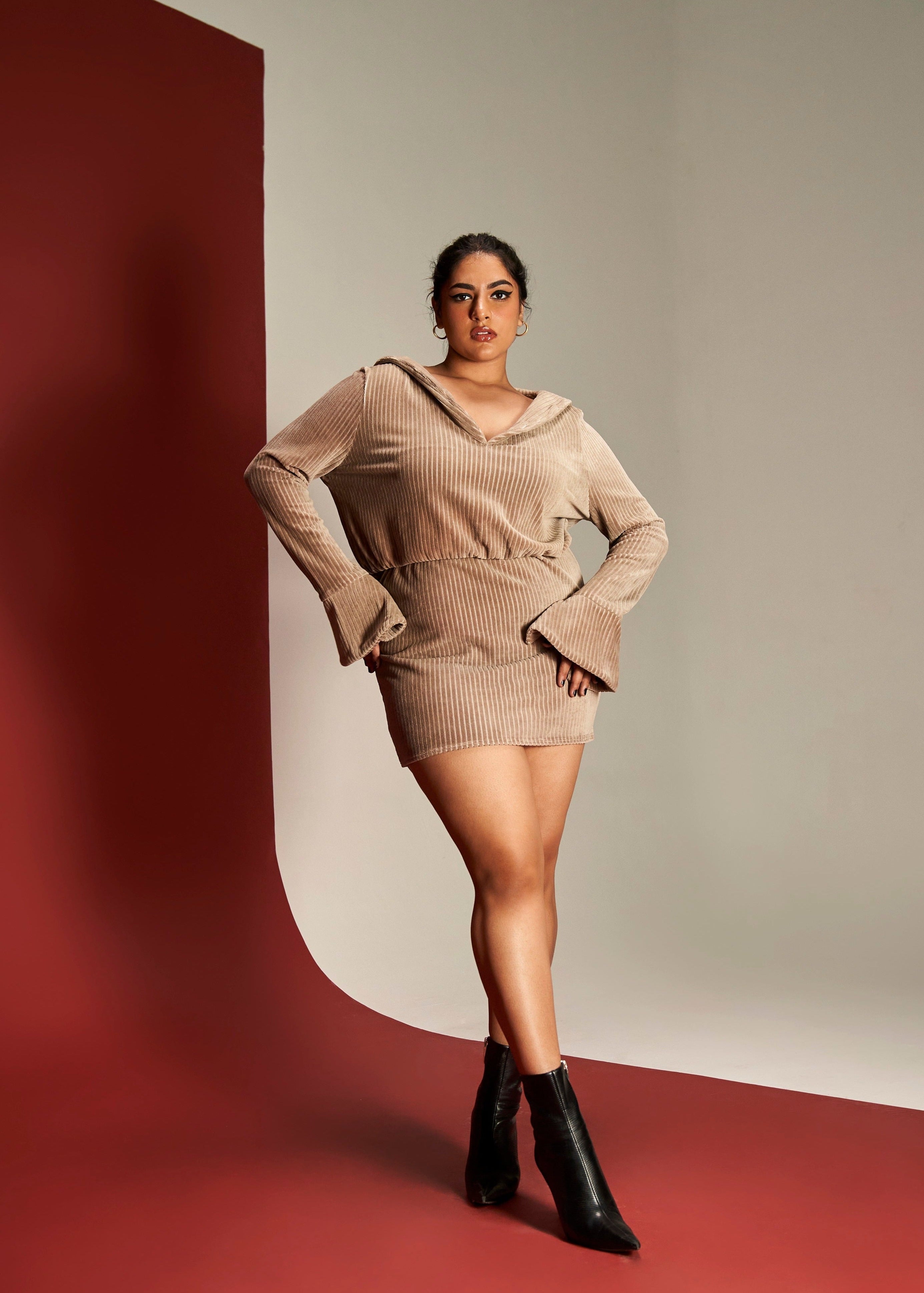 Sienna tan ribbed velvet lounge mini dress for a cozy yet chic look