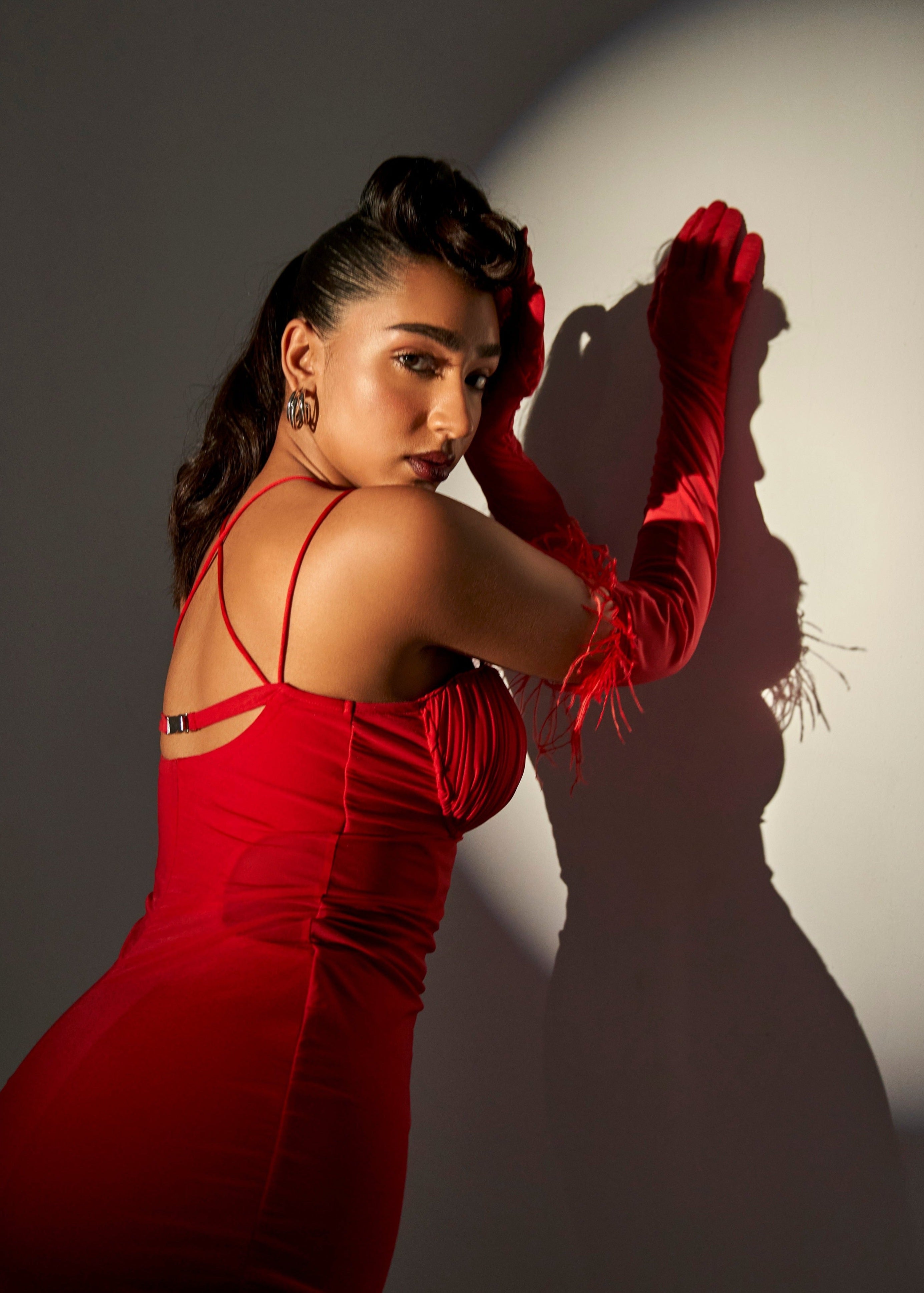 Solange Red Ruched Midi Dress with elegant ruching and a flattering midi length