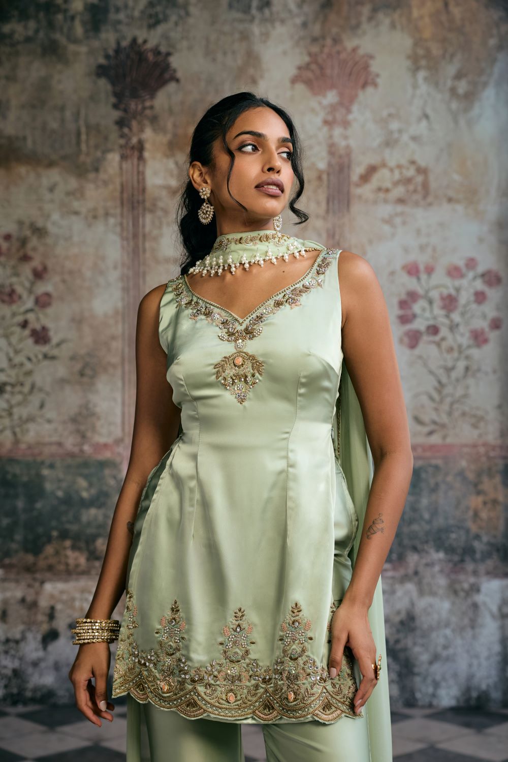 Sameera Sage Green Hand Embroidered Sharara Set