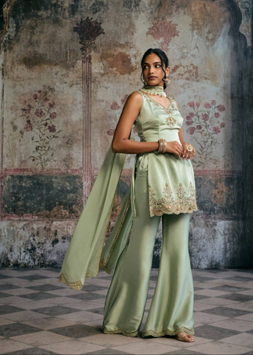 Sameera Sage Green Hand Embroidered Sharara Set