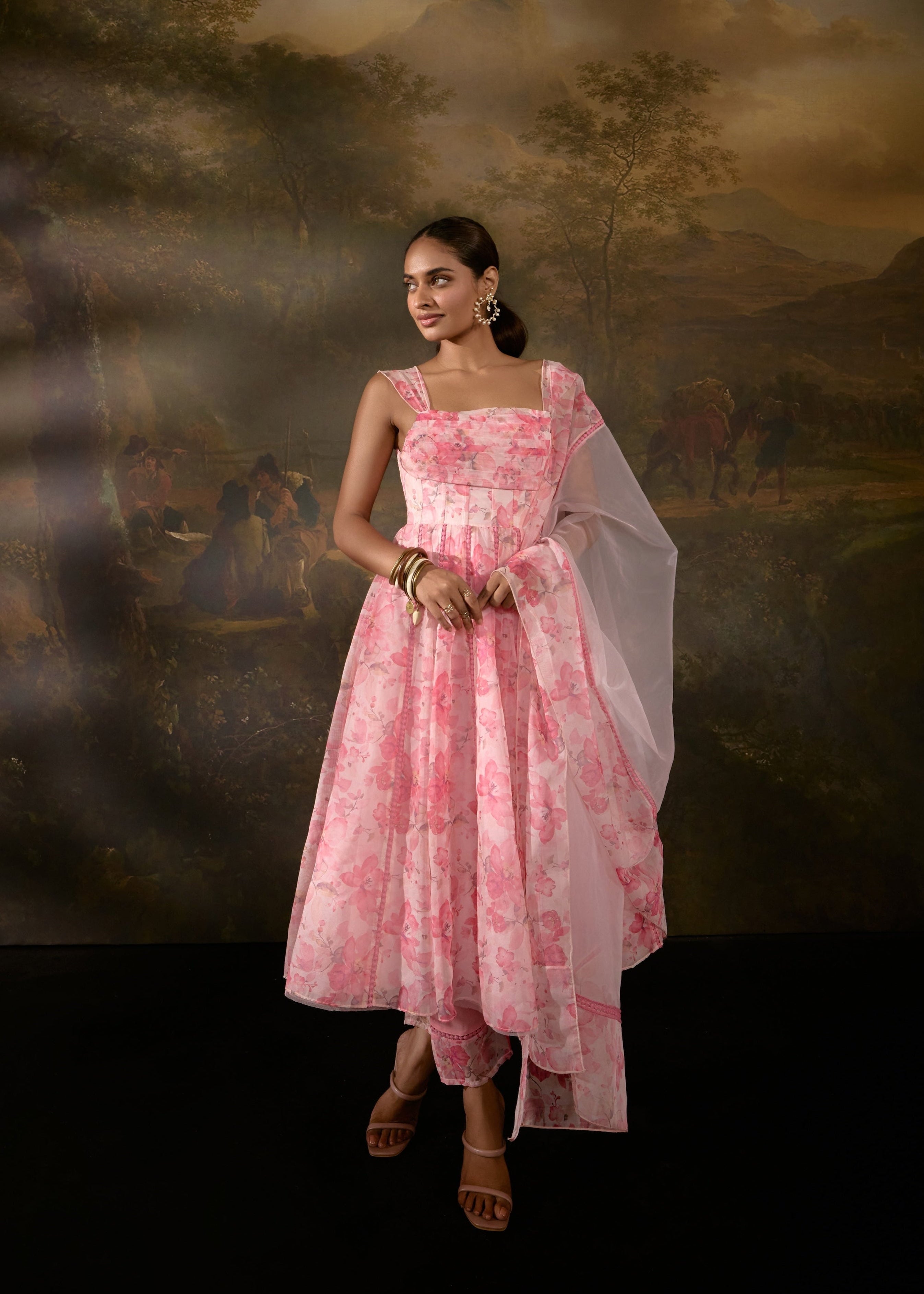 "Tanvee Pink Floral Printed Corset Anarkali Suit: Anarkali suit featuring a pink floral print corset for a graceful and