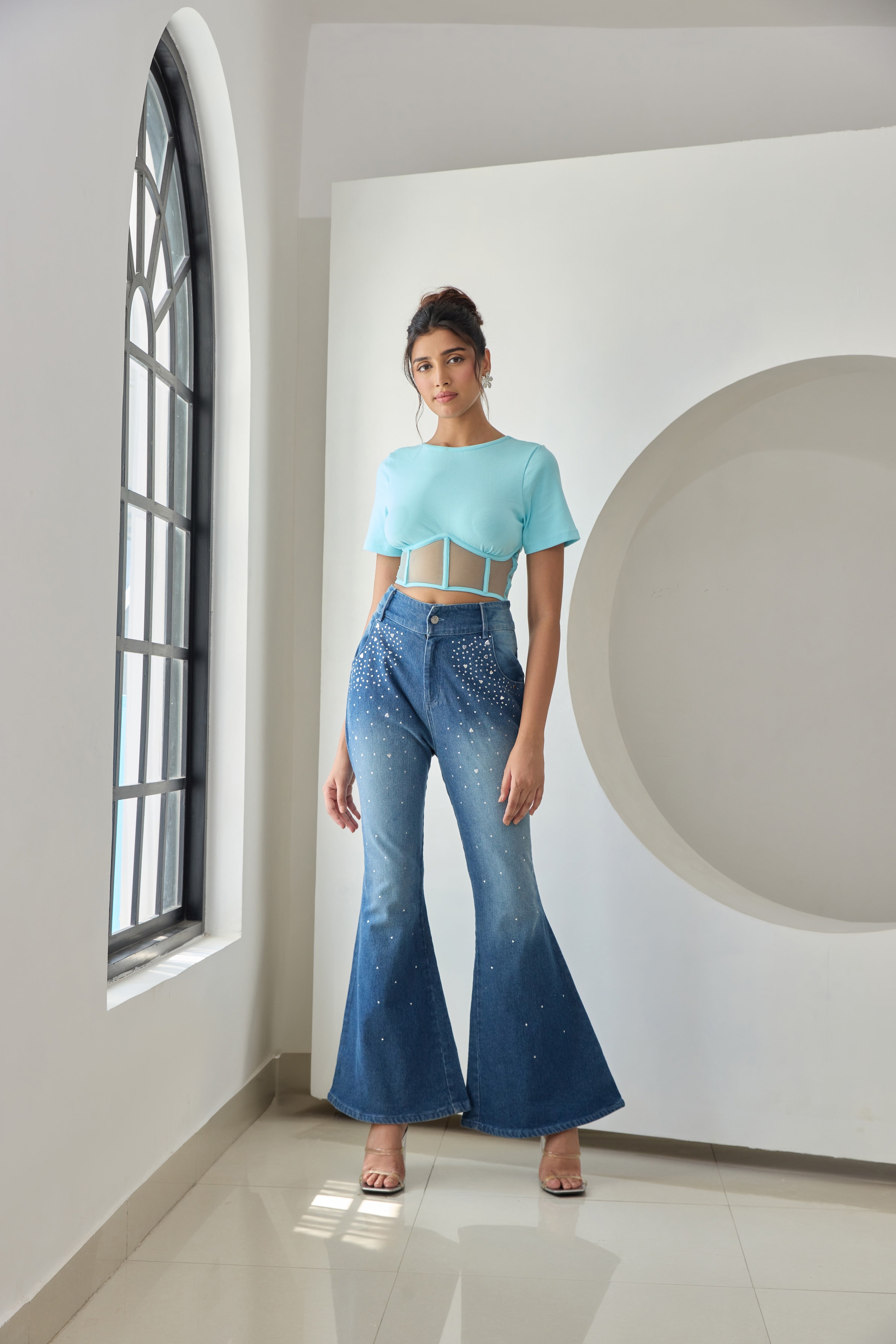 Light blue mesh corset t-shirt with structured bodice and short sleeves