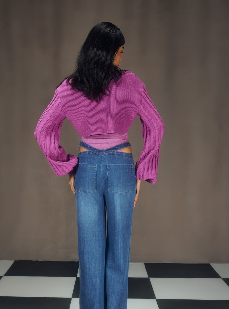Caprice Purple Super-Cropped Sweater, Bodysuit and Cutout Denim Embellished Pants Set