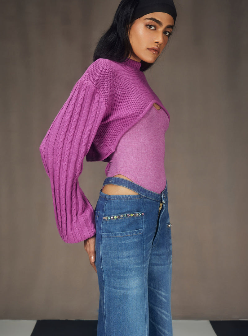 Caprice Purple Super-Cropped Sweater, Bodysuit and Cutout Denim Embellished Pants Set