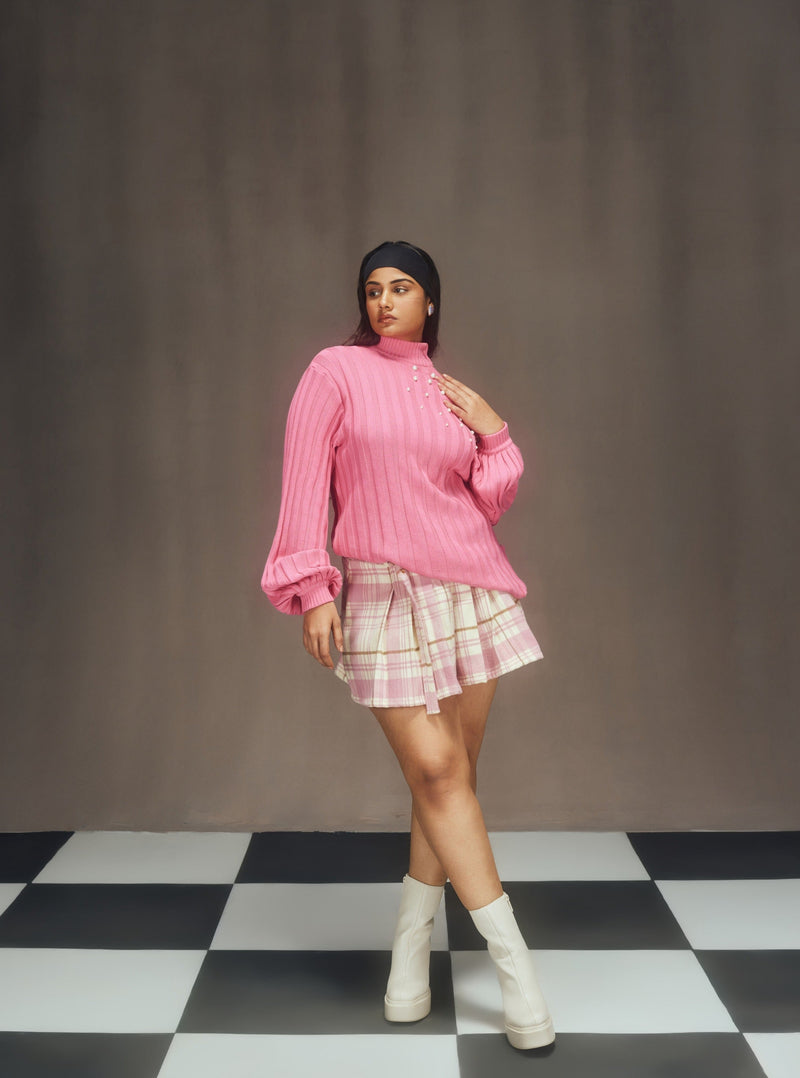 Faustine Pink Off Shoulder Sweater and Checkered Skirt Set