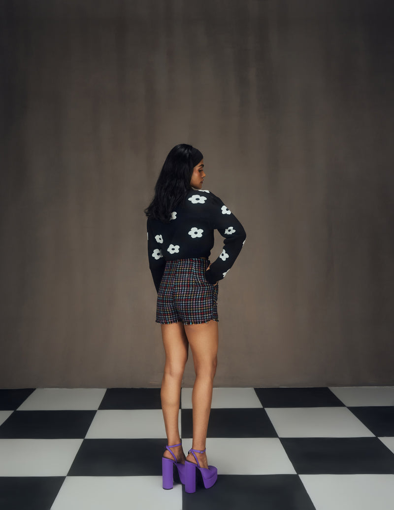 Zahana Lavender Crop Shirt, Tweed Shorts & Cardigan Set