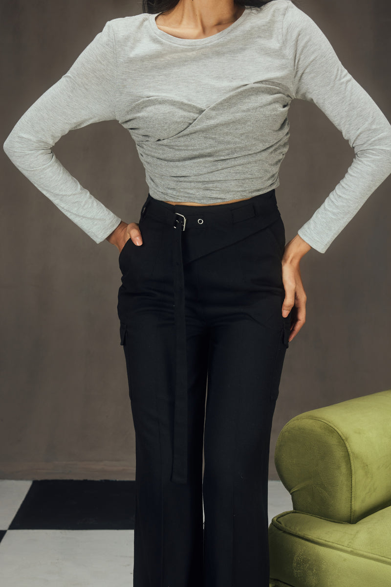 Rylee Grey Ruched Top and Black Tailored Pants Coord Set