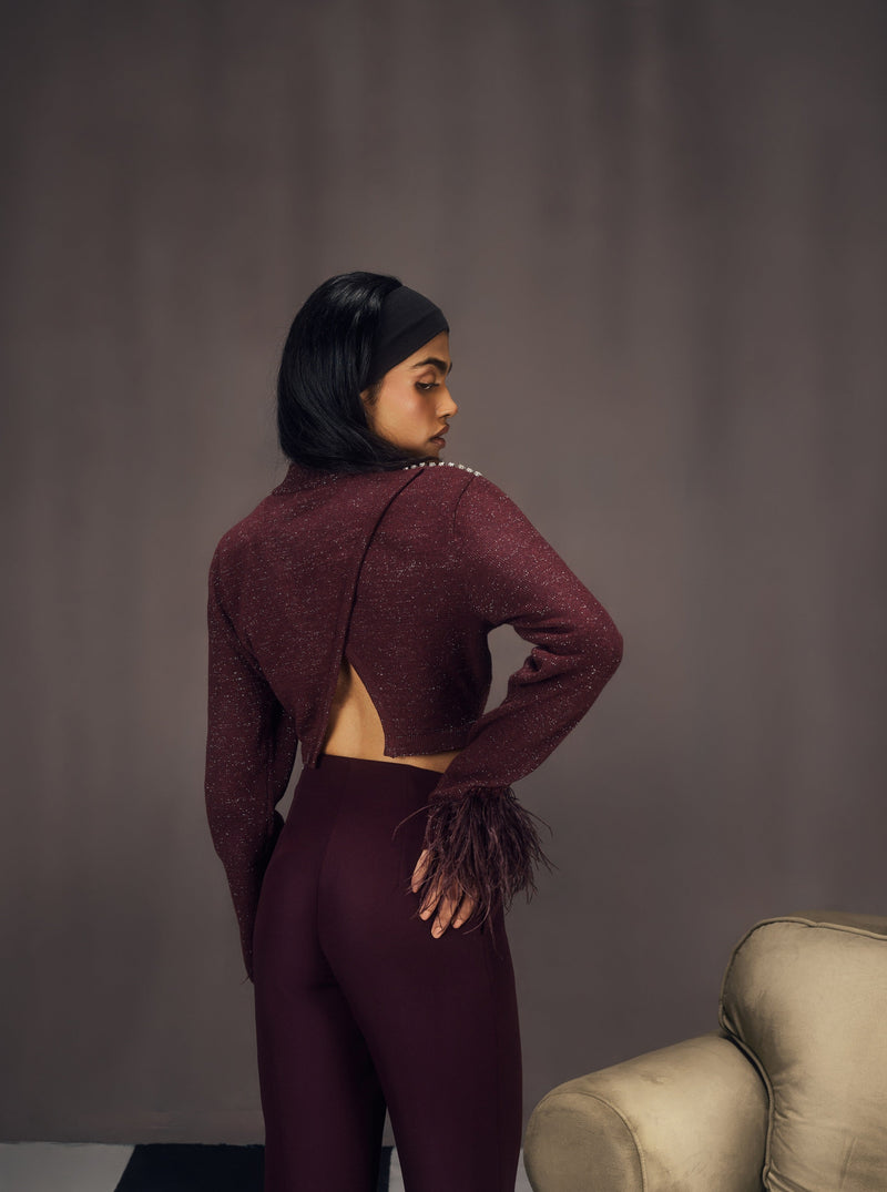 Sakara Burgundy Embellished Shimmer Sweater & Pants Set
