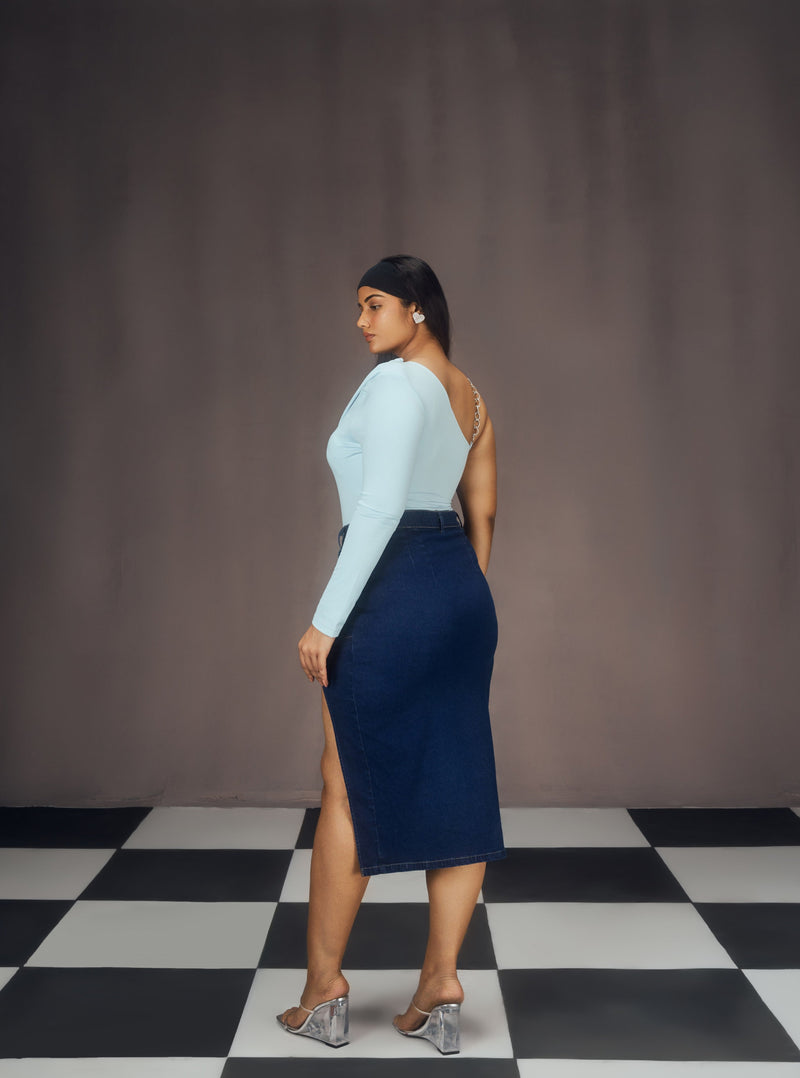 Lisa Blue Asymmetrical Chain Strap Bodysuit and Slit Denim Midi Skirt