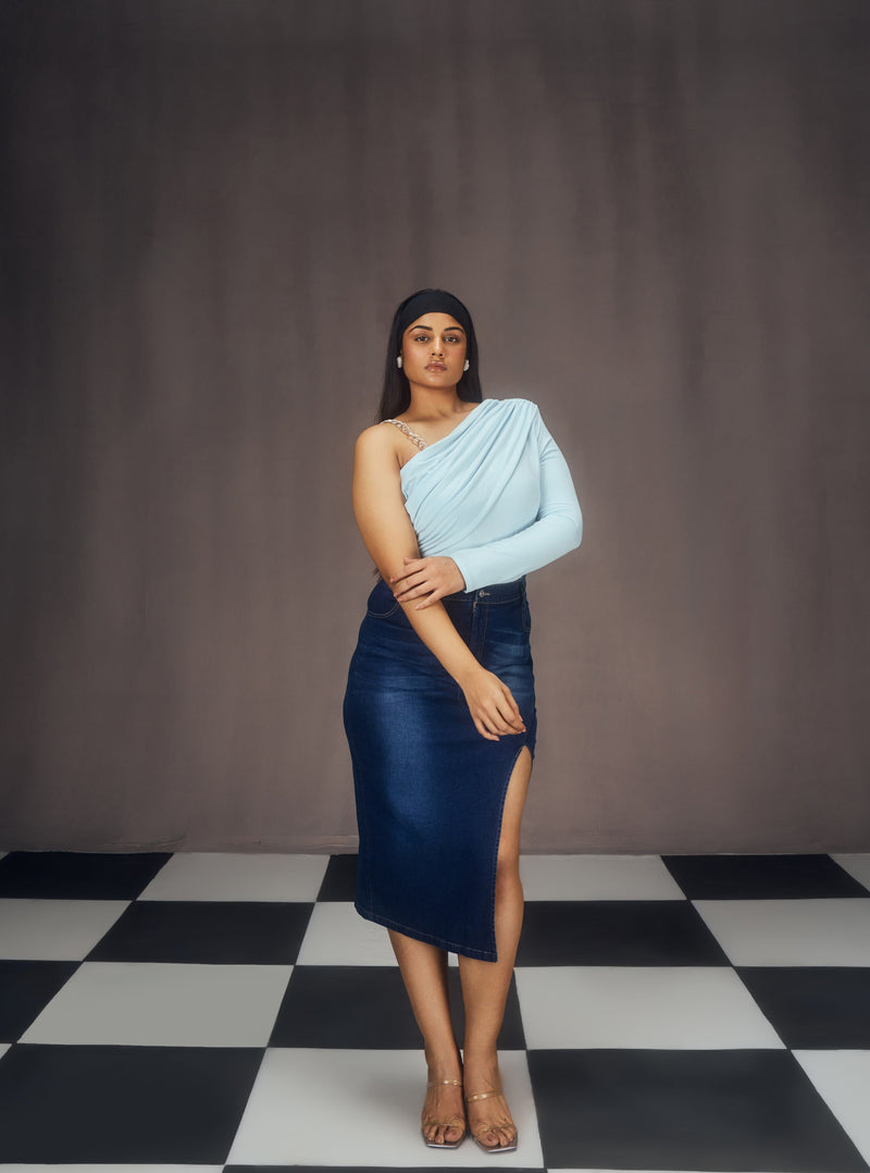 Lisa Blue Asymmetrical Chain Strap Bodysuit and Slit Denim Midi Skirt