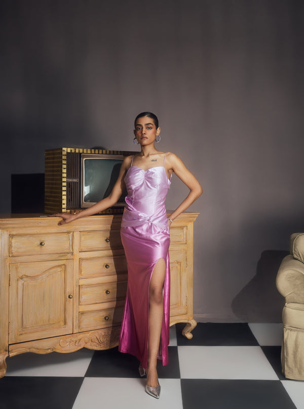 Amaranta Pink Ombre Satin Low Back Slip-Style Gown