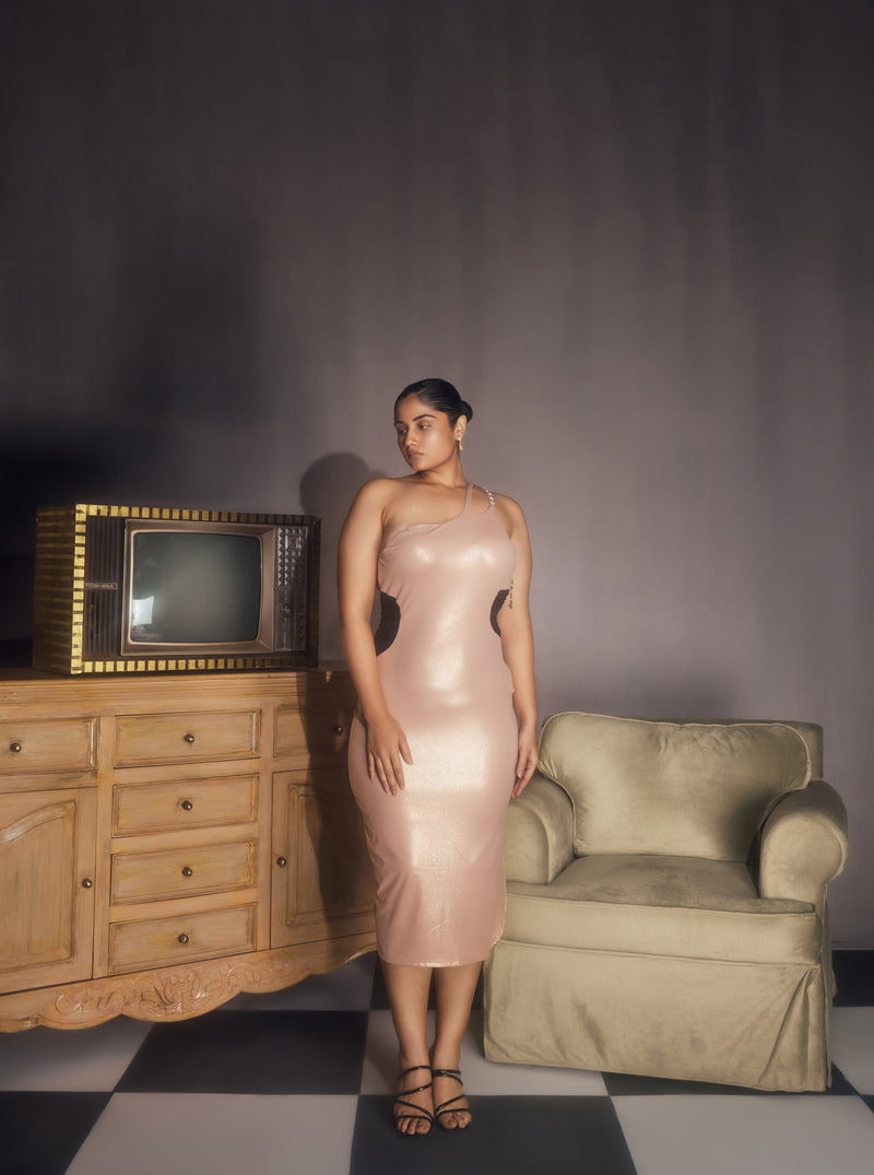Esmaria Nude Shimmer Spandex One-Shoulder Embellished Midi Dress