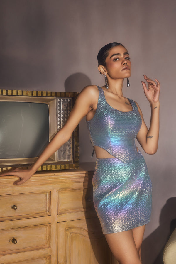 Zola Rainbow Holographic Corset and Mini Skirt Set