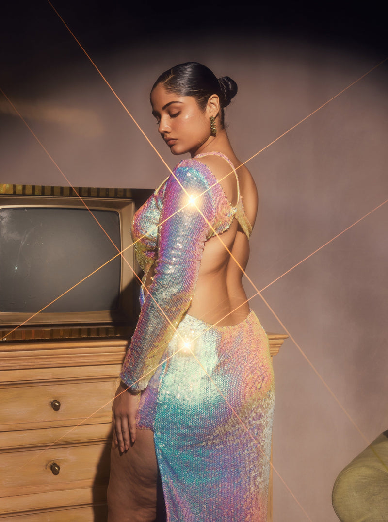 Sabela Rainbow Holographic Sequin Asymmetrical Maxi Dress
