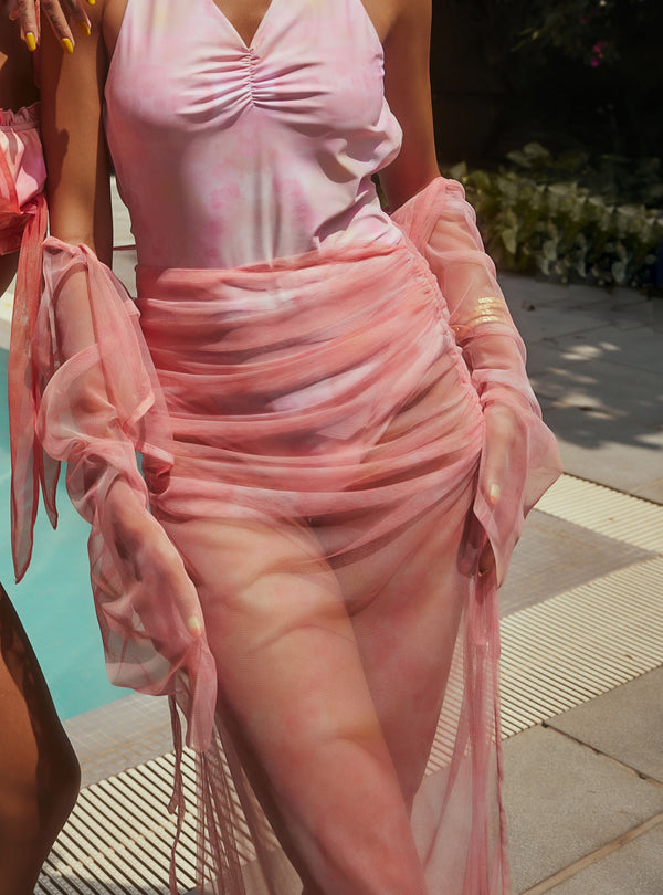 Bora Bora Pink Tie-Dye Ruched Cover- Up Skirt Set