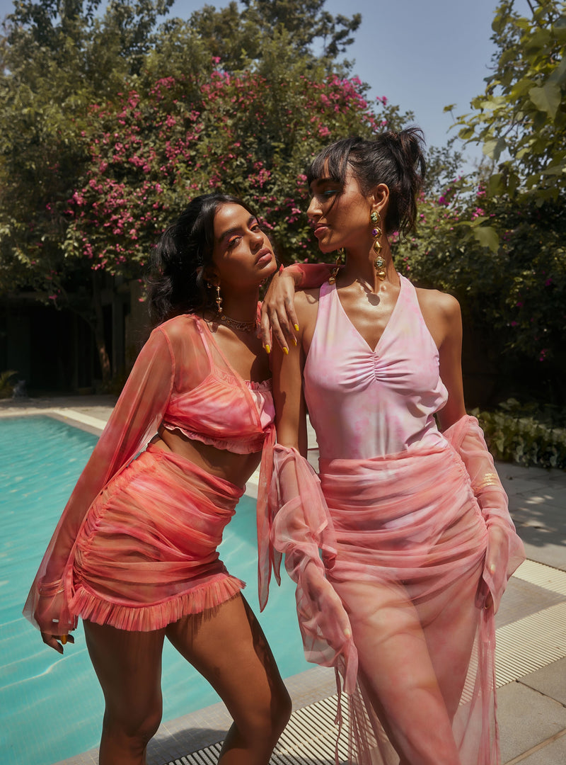 Bora Bora Pink Tie-Dye Ruched Cover- Up Skirt Set