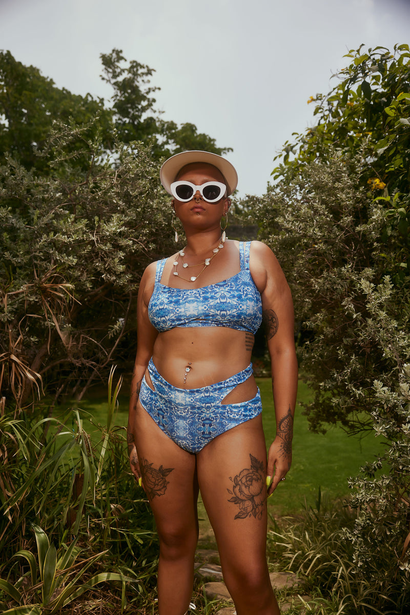 Buy Our Oceane Blue & White Print Cutout High Waist Bikini Set