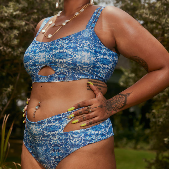 Oceane Blue & White Print Cutout High Waist Bikini Set