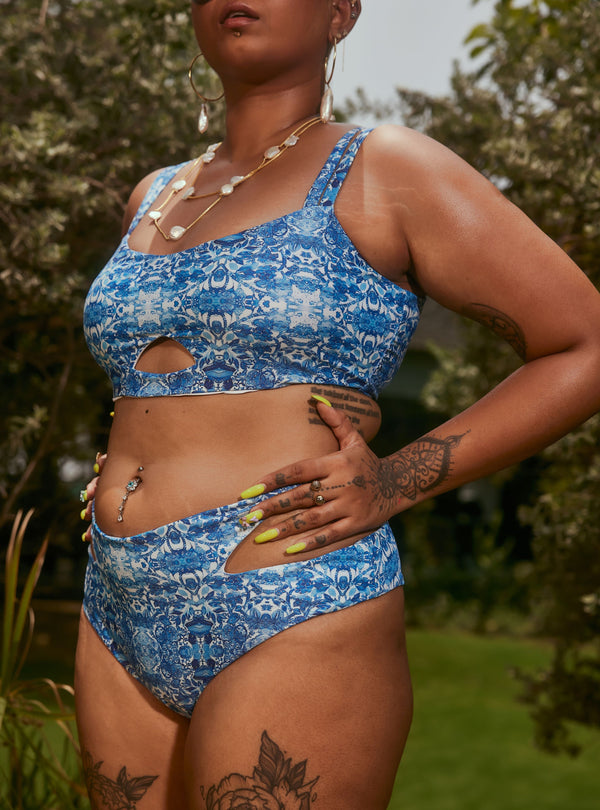 Oceane Blue & White Print Cutout High Waist Bikini Set