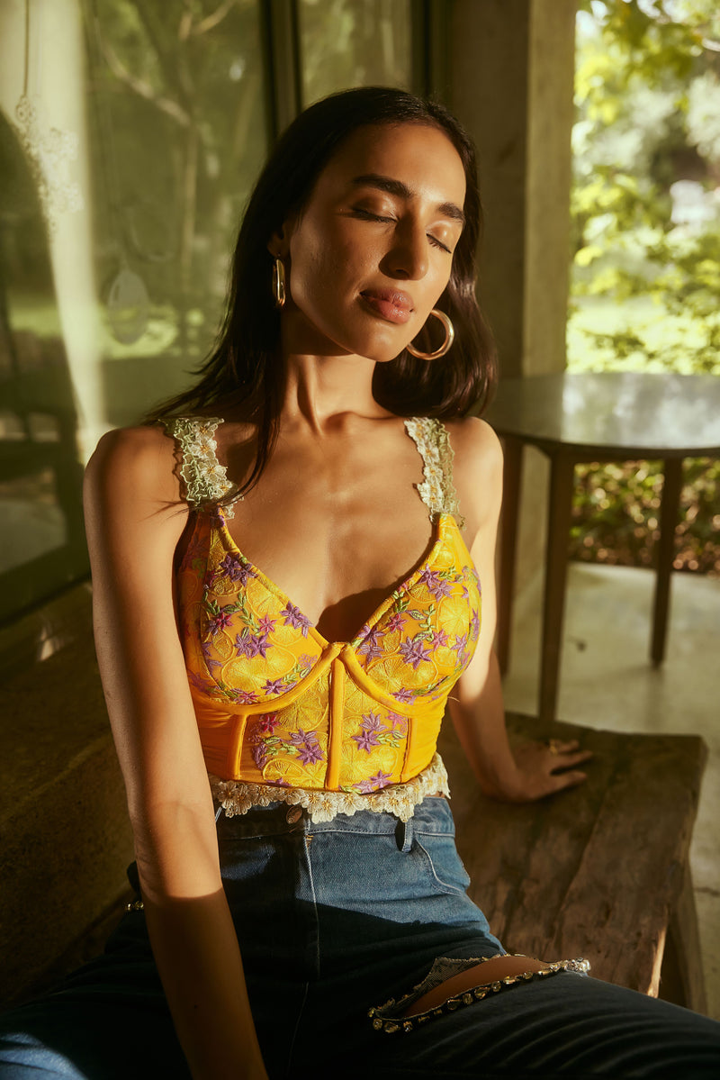 Buy Our Lemon Yellow Embroidered Longline Corset Bra