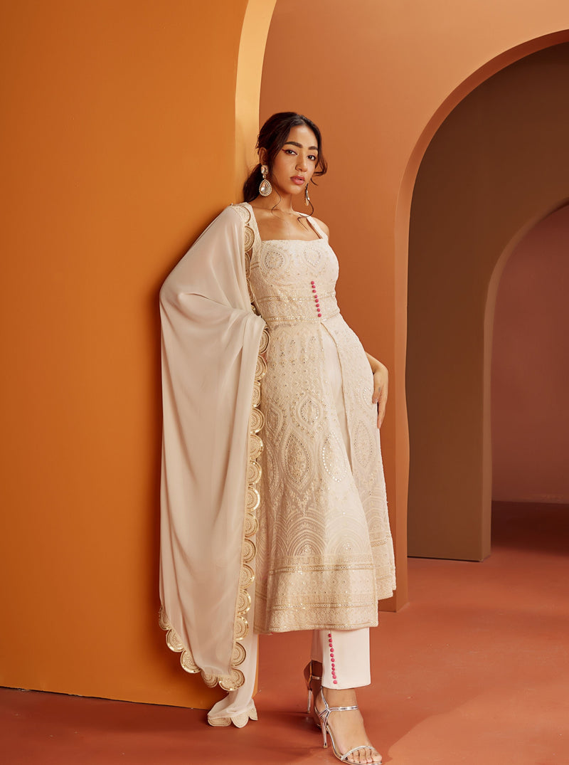 Falak White Embroidered Georgette Anarkali Suit Set
