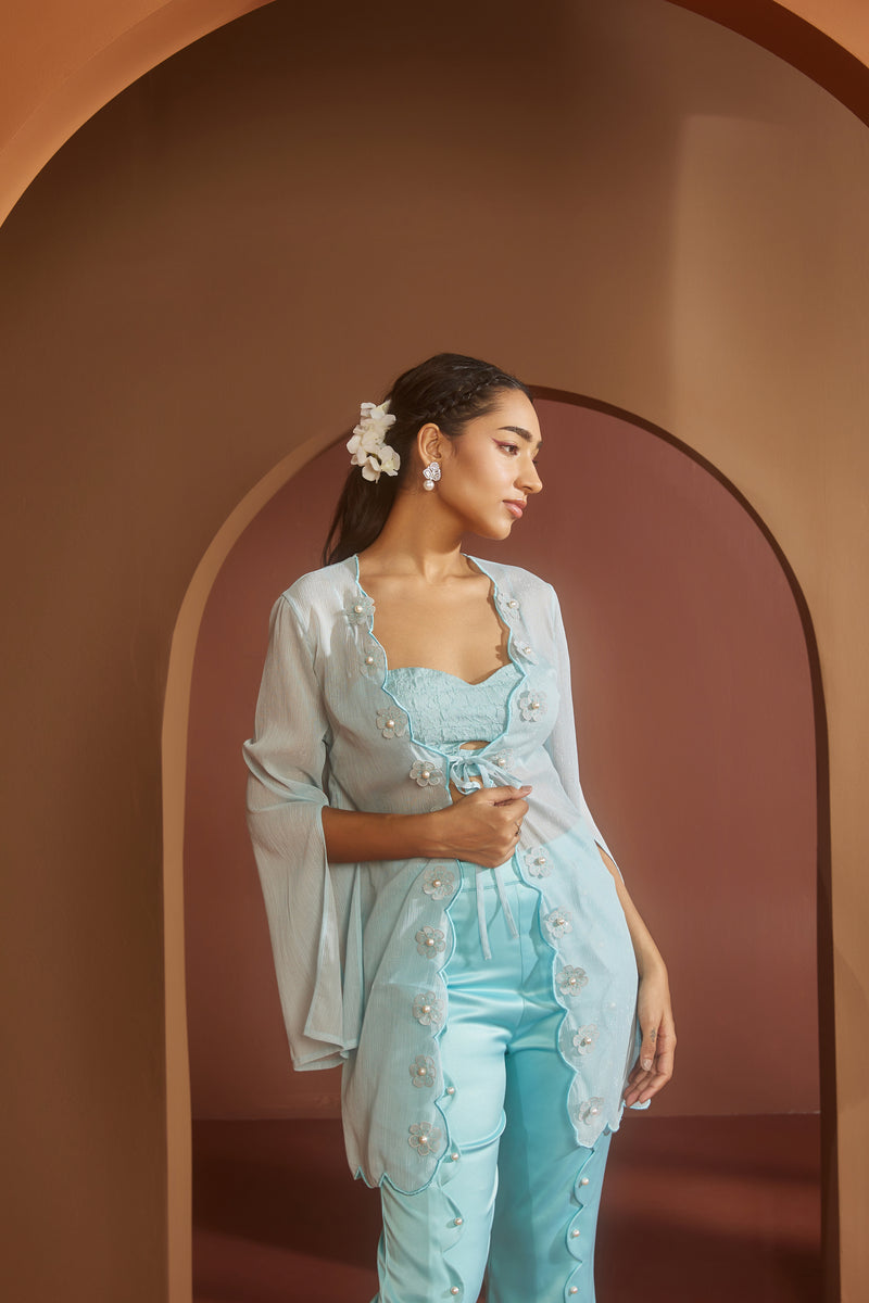 Arika Blue Pearl Embroidered Coord Set