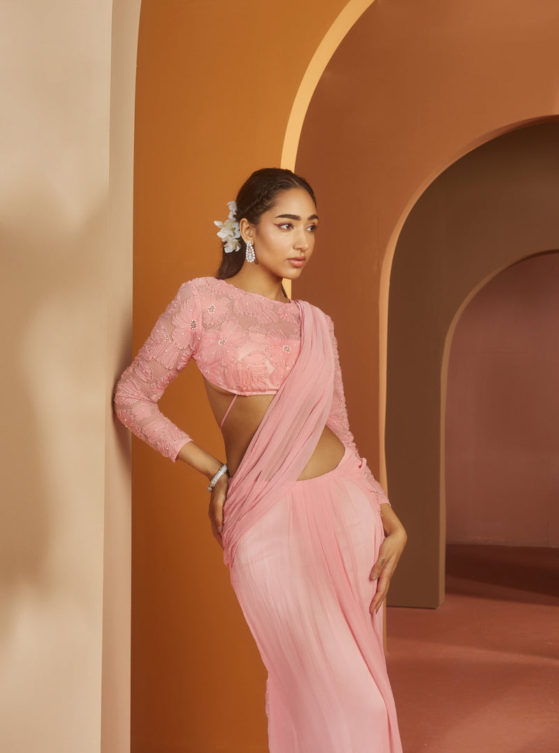 Sarika Pink Flower Embroidery Pre- Draped Saree Set