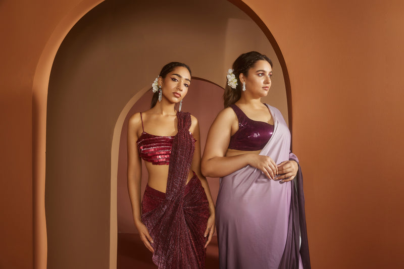 Humaida Maroon Shimmer Pre- Draped Saree Set