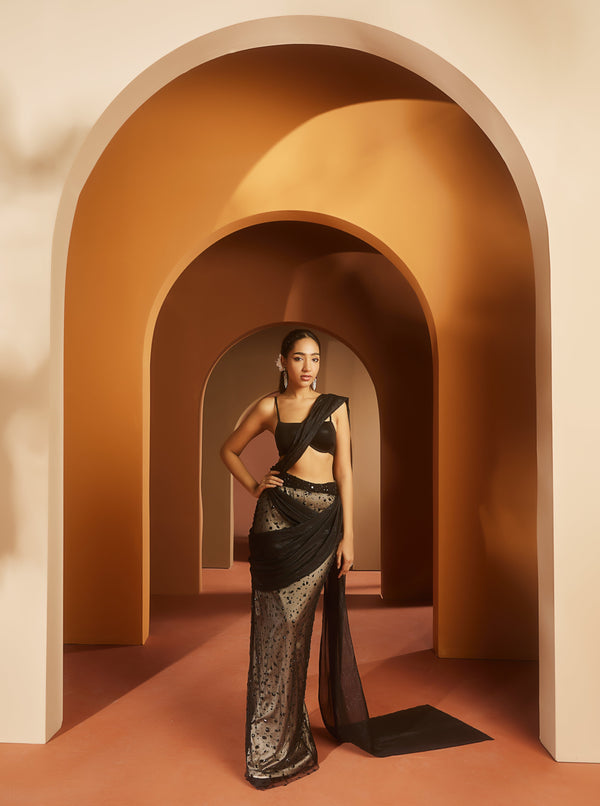 Shereen Black and Nude Embroidered Pre-Draped Saree Set