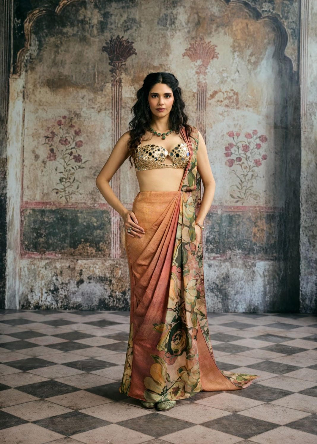 Iranya Hand Embroidered Mirror Blouse and Floral Tissue Pre-Drape Saree Set