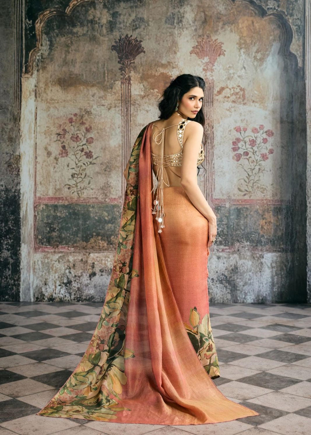 Iranya Hand Embroidered Mirror Blouse and Floral Tissue Pre-Drape Saree Set