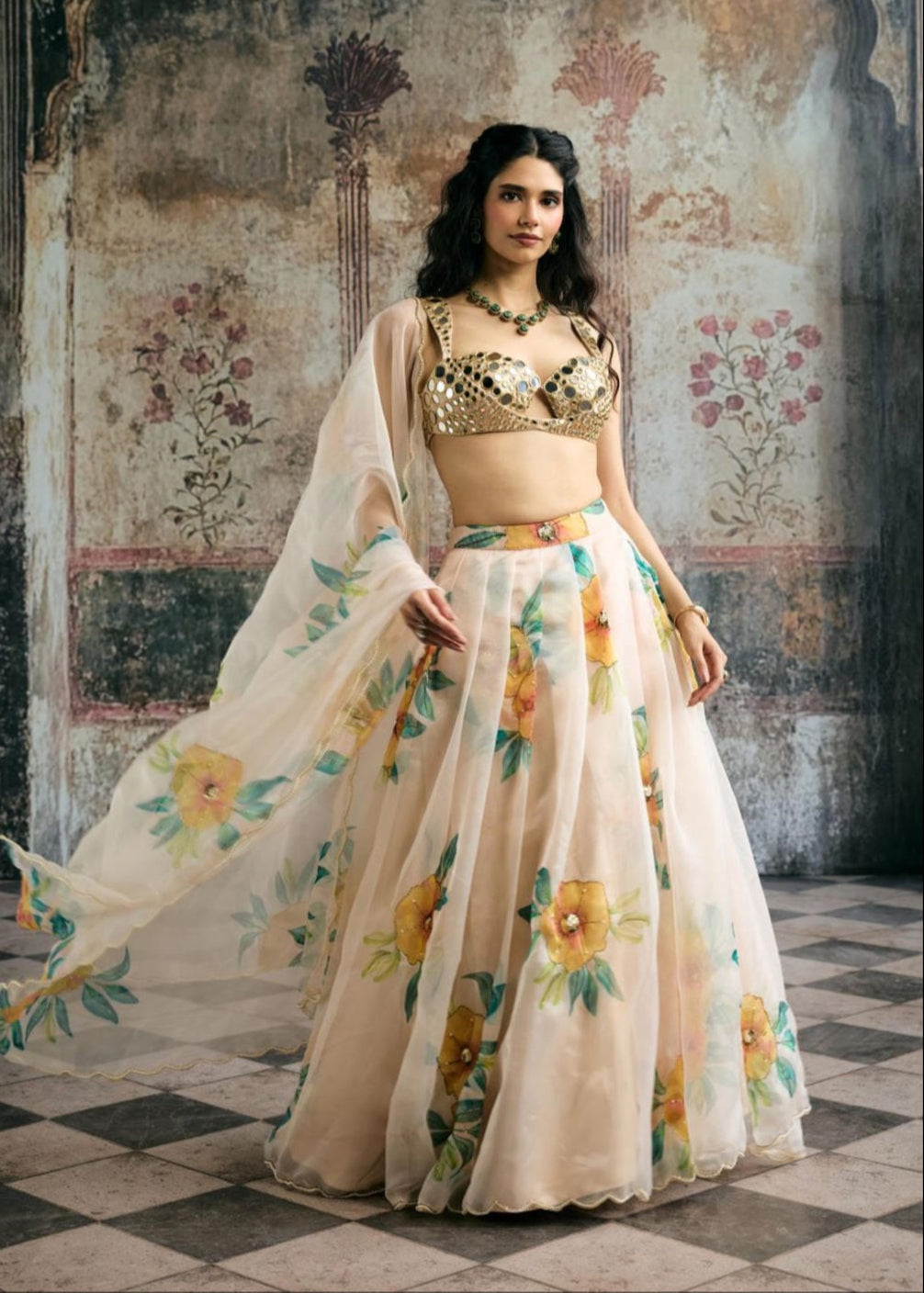 Aarvi Mirror Hand Embroidered Blouse and Floral Organza Lehenga Set