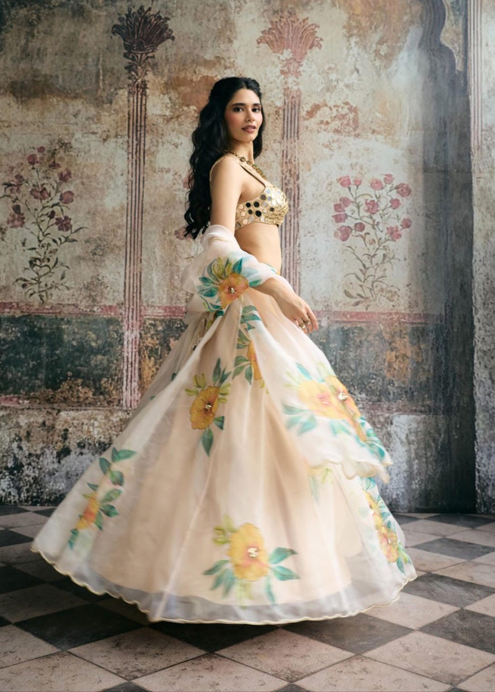 Aarvi Mirror Hand Embroidered Blouse and Floral Organza Lehenga Set