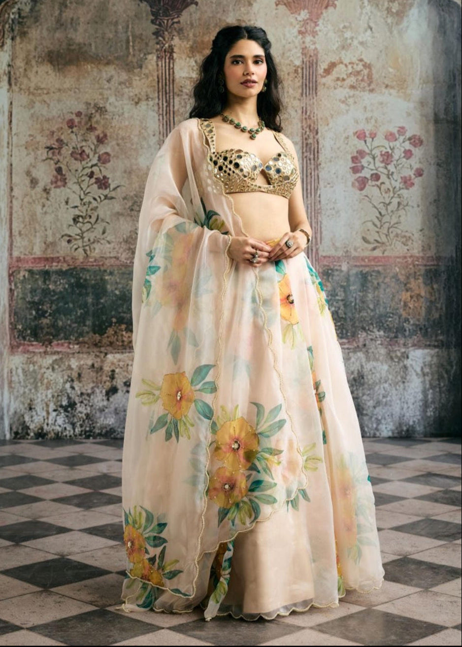 Aarvi Mirror Hand Embroidered Blouse and Floral Organza Lehenga Set