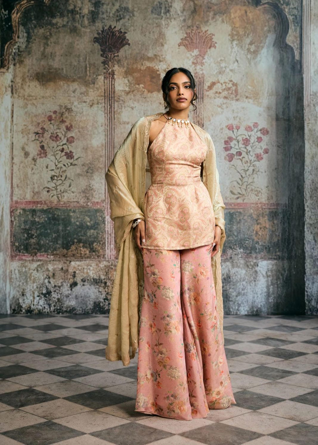 Aleena Peach Banarasi Brocade Kurta Floral Tissue Sharara Set