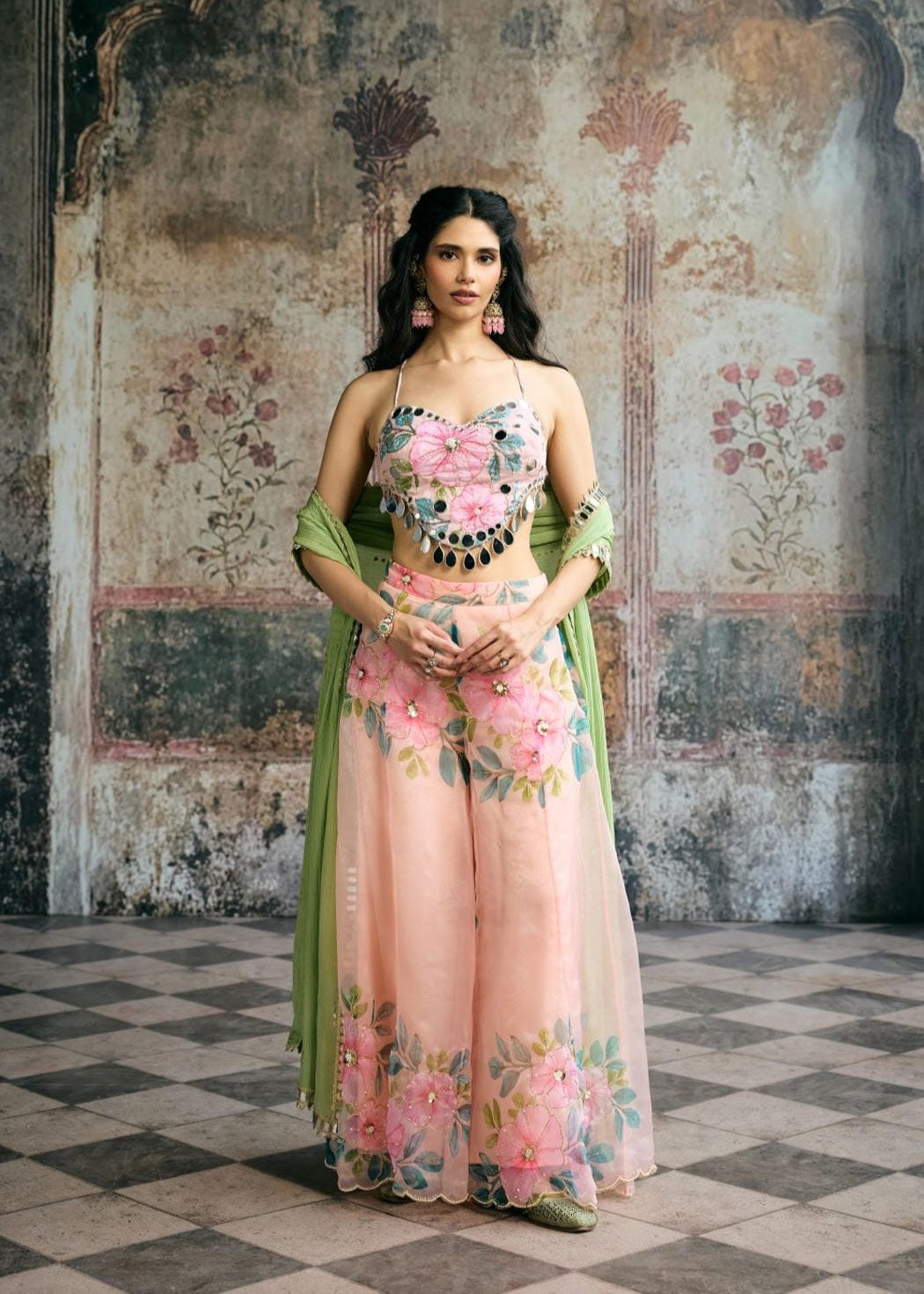 Naira Peach Floral Organza Mirror Hand Embroidered Co-ord Set