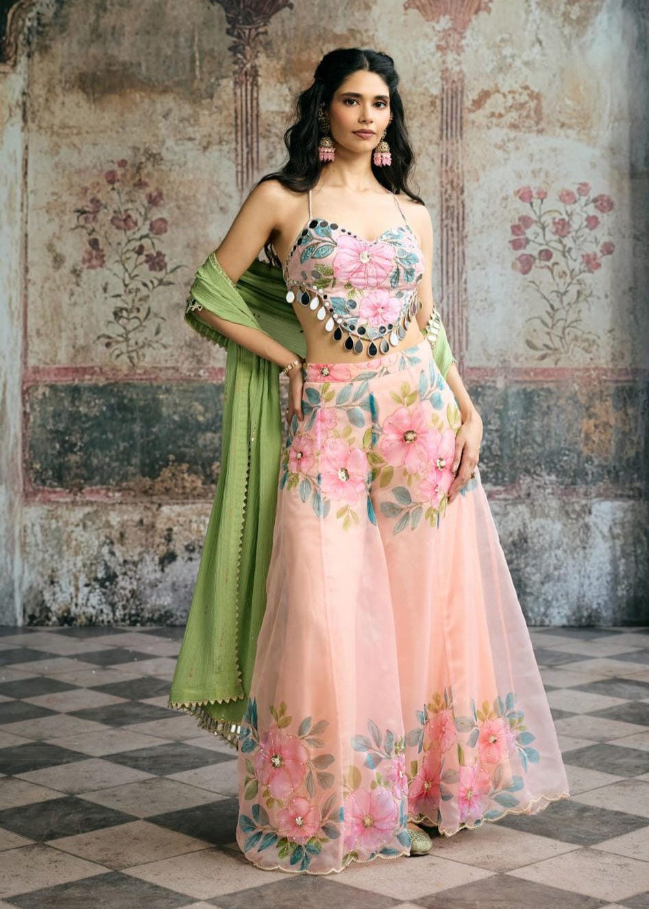 Naira Peach Floral Organza Mirror Hand Embroidered Co-ord Set
