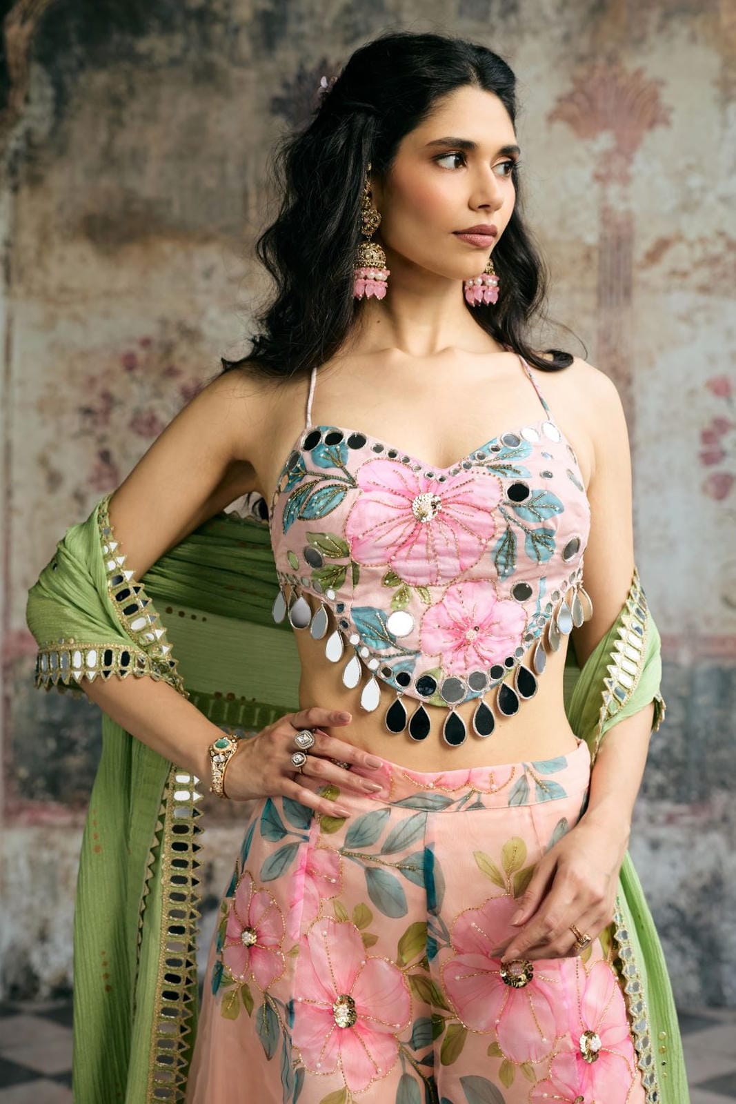 Naira Peach Floral Organza Mirror Hand Embroidered Co-ord Set