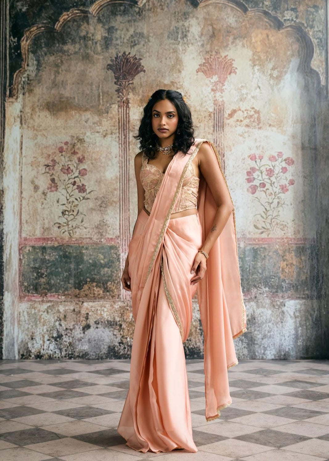 Lehar Peach Satin Georgette and Banarasi Brocade Corset Saree Set