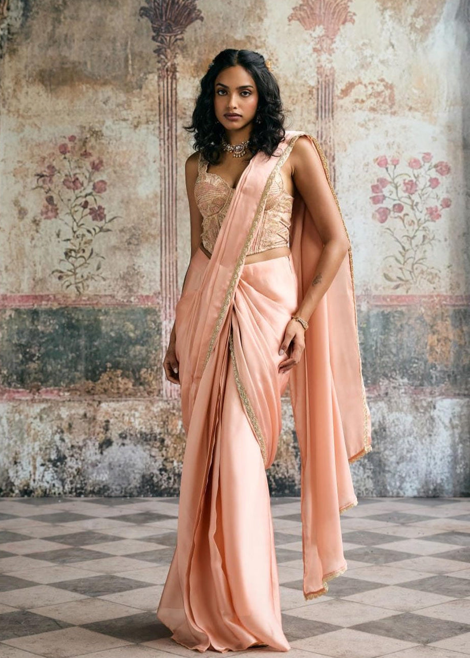 Lehar Peach Satin Georgette and Banarasi Brocade Corset Saree Set