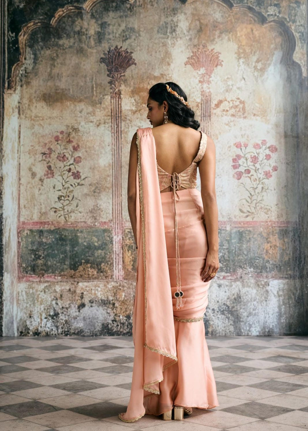 Lehar Peach Satin Georgette and Banarasi Brocade Corset Saree Set