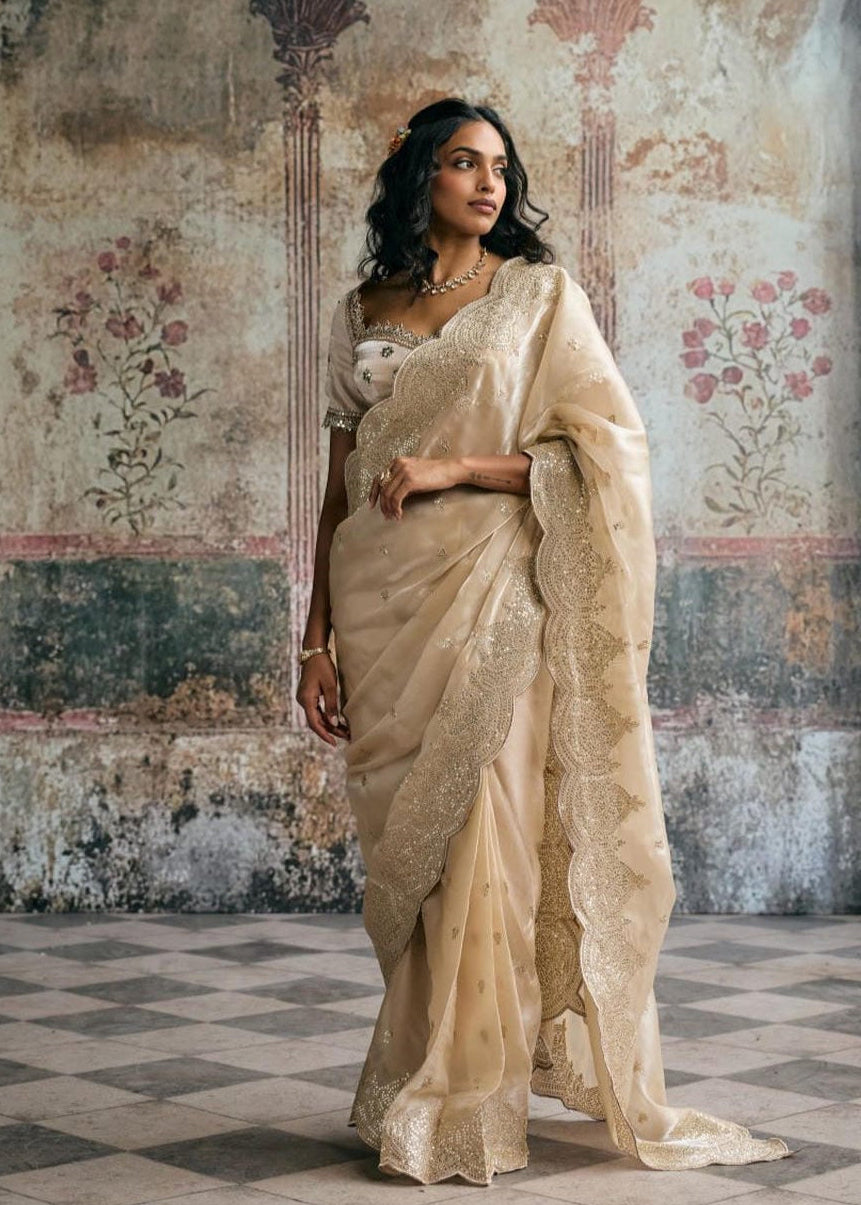 Aarzoo Champagne Silk Tissue Pre-Draped Saree Set